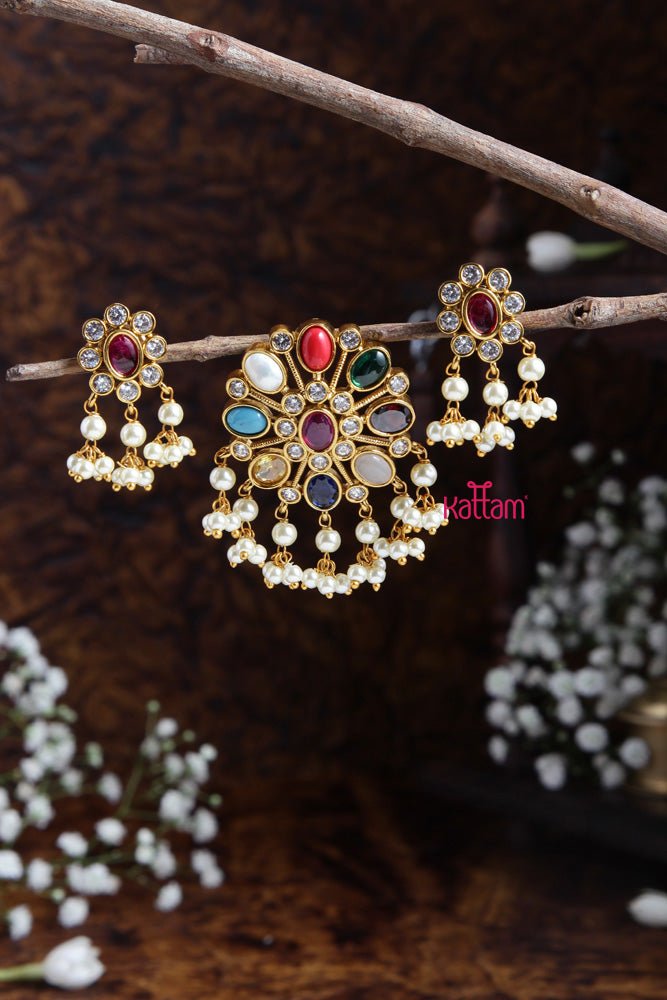 Navarathna Pendant With Earring Design - 2 - P016