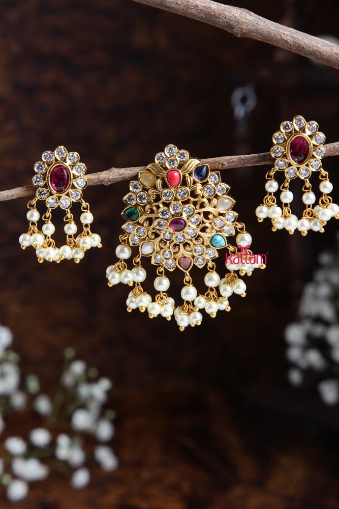 Navarathna Pendant With Earring Design - 4 - P018