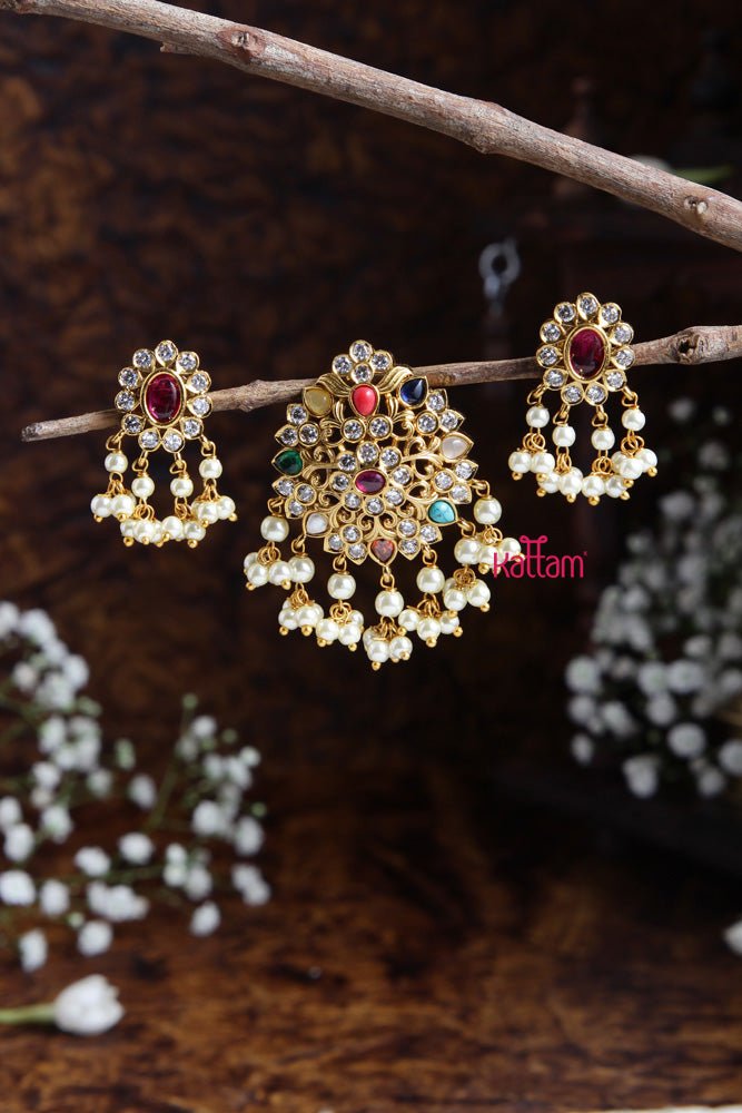 Navarathna Pendant With Earring Design - 4 - P018