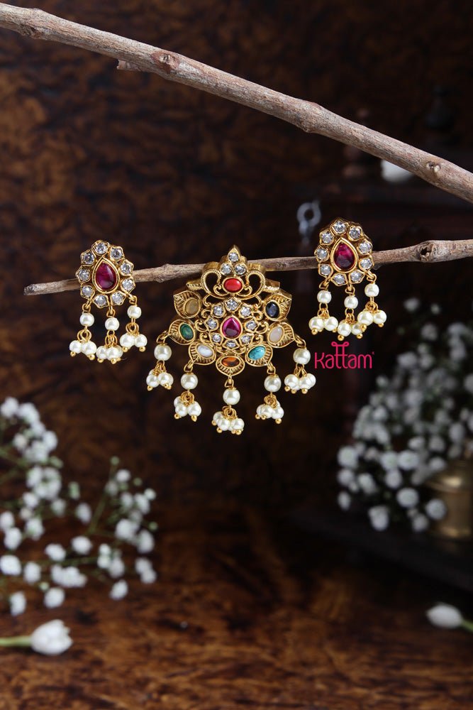 Navarathna Pendant With Earring Design - 5 - P019