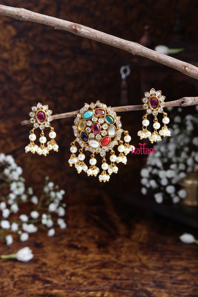 Navarathna Pendant With Earring Design - 7 - P021