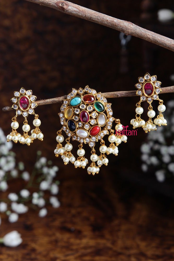 Navarathna Pendant With Earring Design - 7 - P021