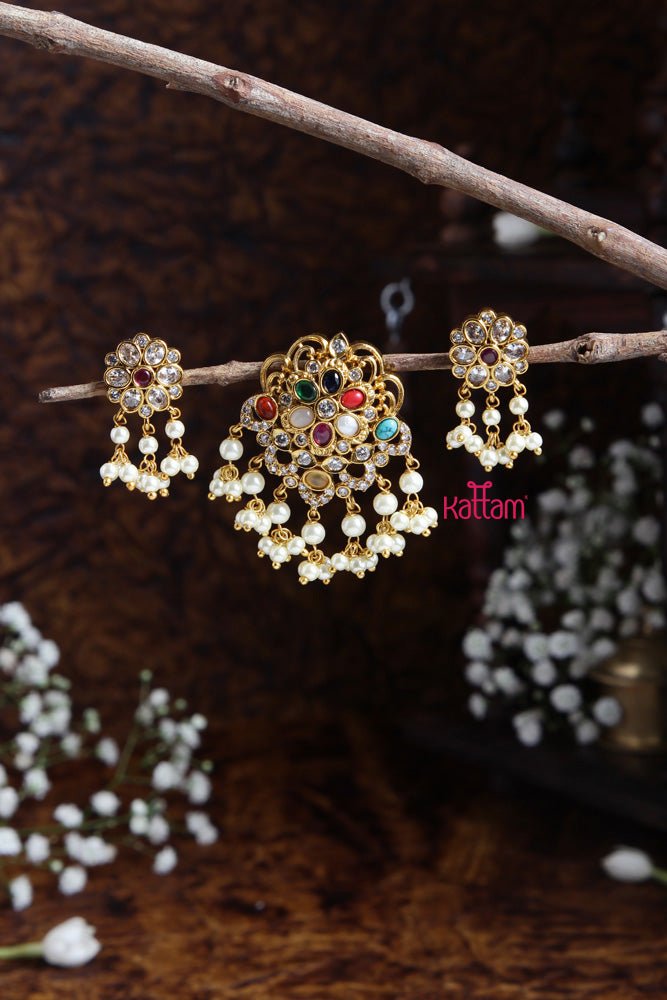 Navarathna Pendant With Earring Design - 8 - P022