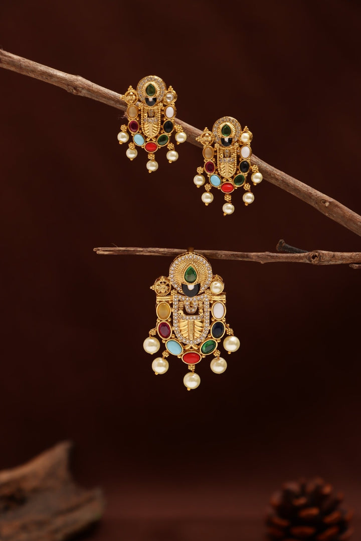 Navarathna Perumal Pendant With Earrings ( No Chain ) - P038