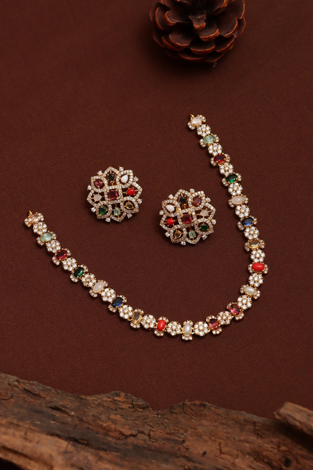 Navarathna Stone Flower Necklace - N3742