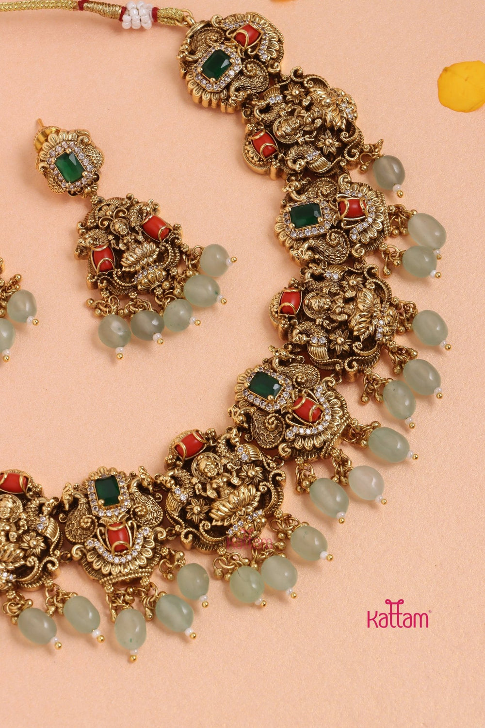 Nethra - Semi Bridal Goddess Coral Choker Set - lightgreen Bead - N3332