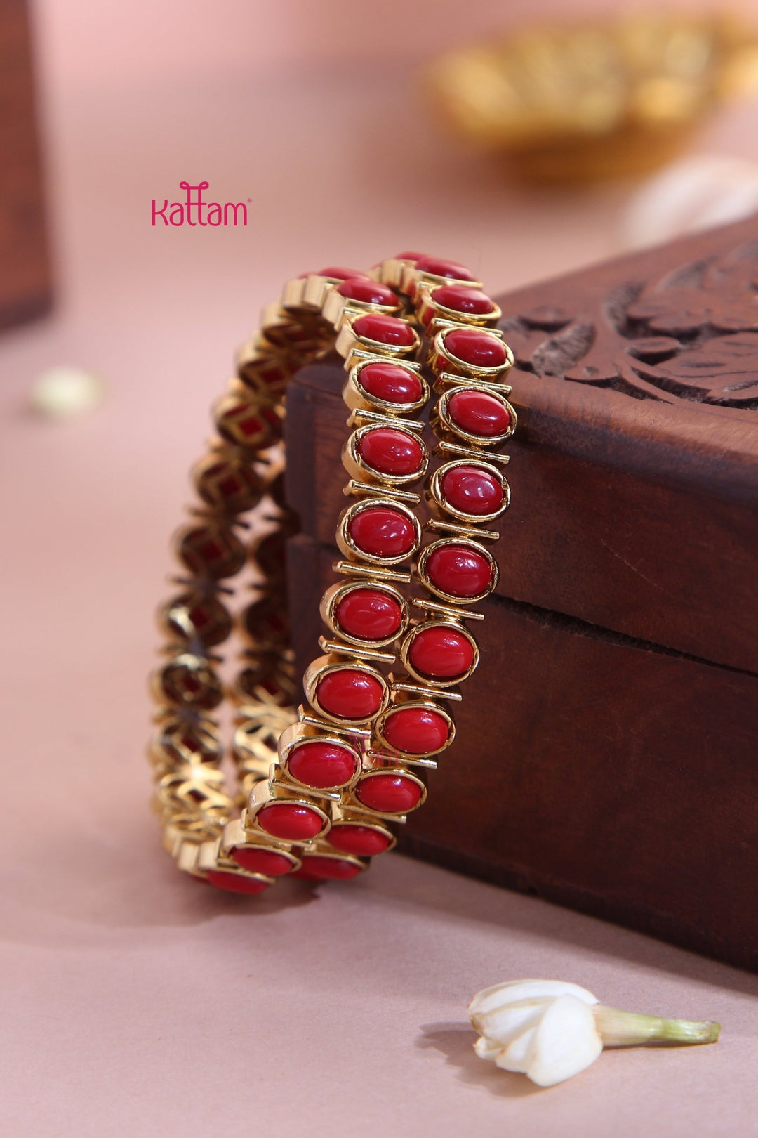 Oval Coral Stone Block Bangle (Set of 2 ) - B558 - V4