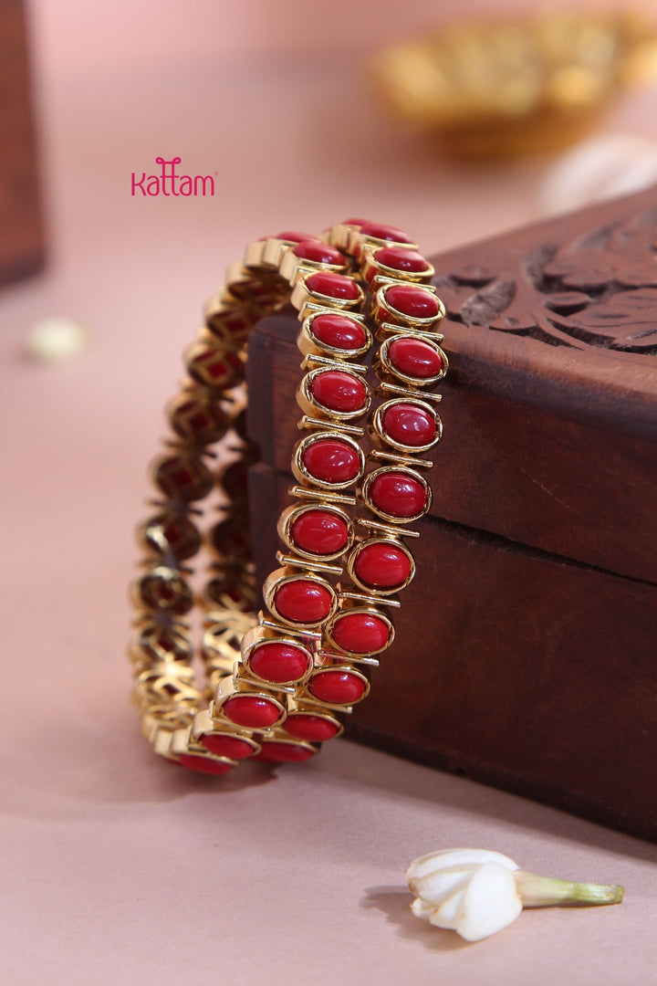 Oval Coral Stone Block Bangle (Set of 2 ) - B558 - V4
