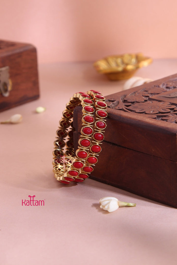 Oval Coral Stone Block Bangle (Set of 2 ) - B558 - V4