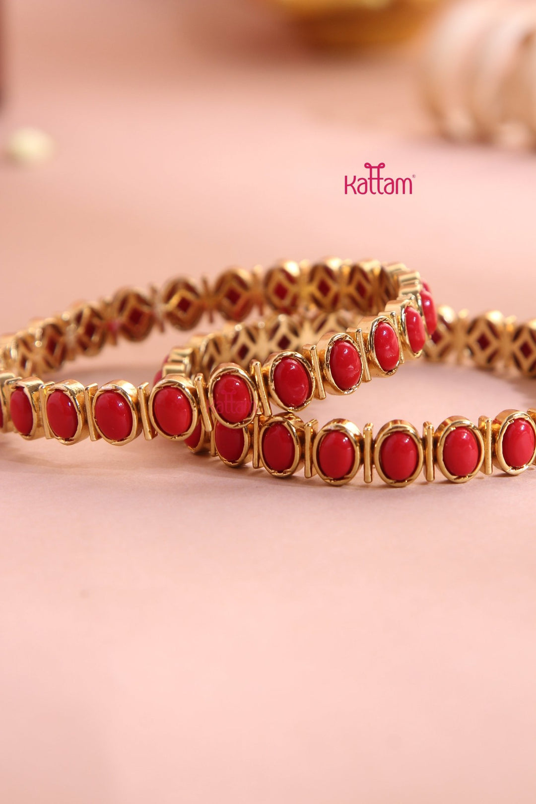 Oval Coral Stone Block Bangle (Set of 2 ) - B558 - V4