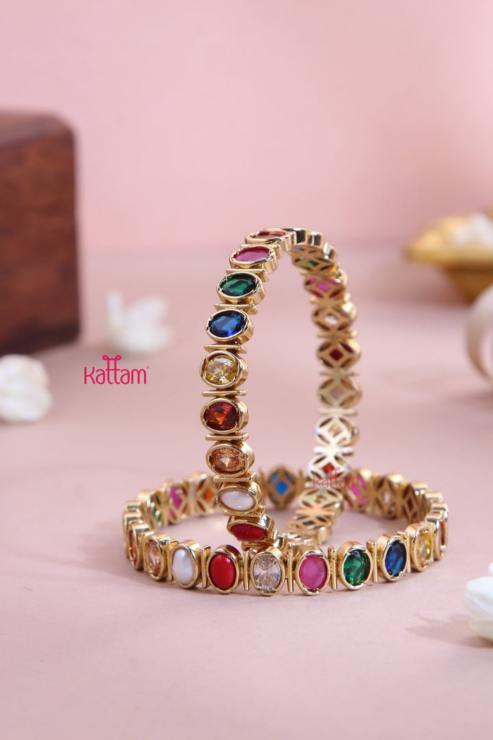 Oval Navarathna Stone Bangle (Set of 2 ) - B561 - V4