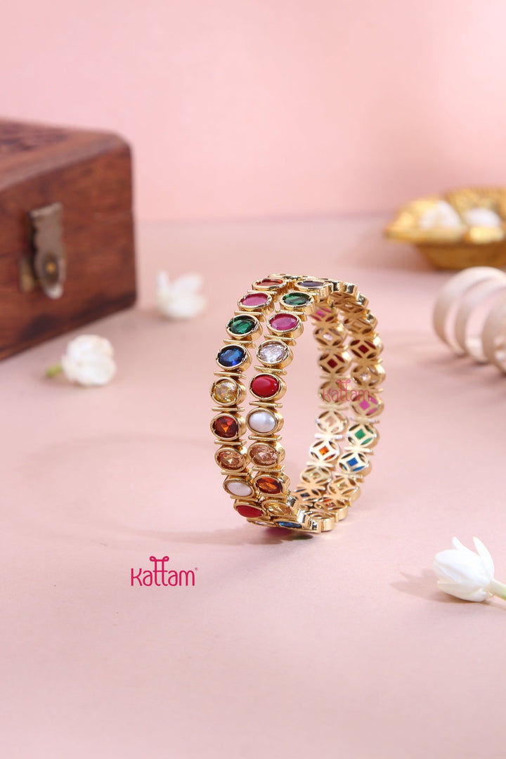 Oval Navarathna Stone Bangle (Set of 2 ) - B561 - V4