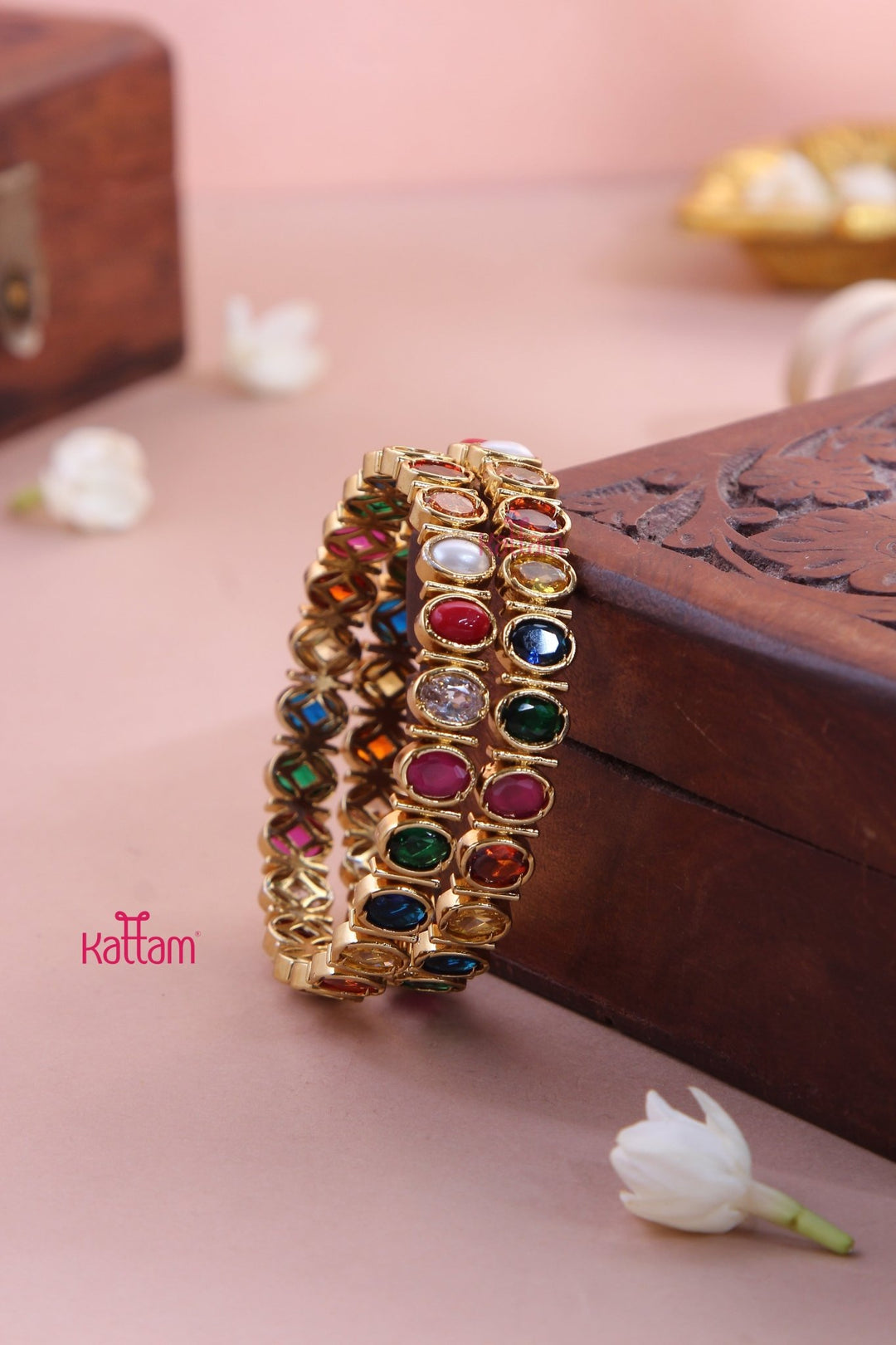 Oval Navarathna Stone Bangle (Set of 2 ) - B561 - V4