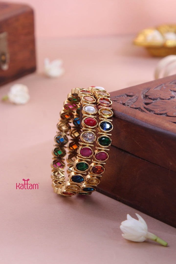 Oval Navarathna Stone Bangle (Set of 2 ) - B561 - V4