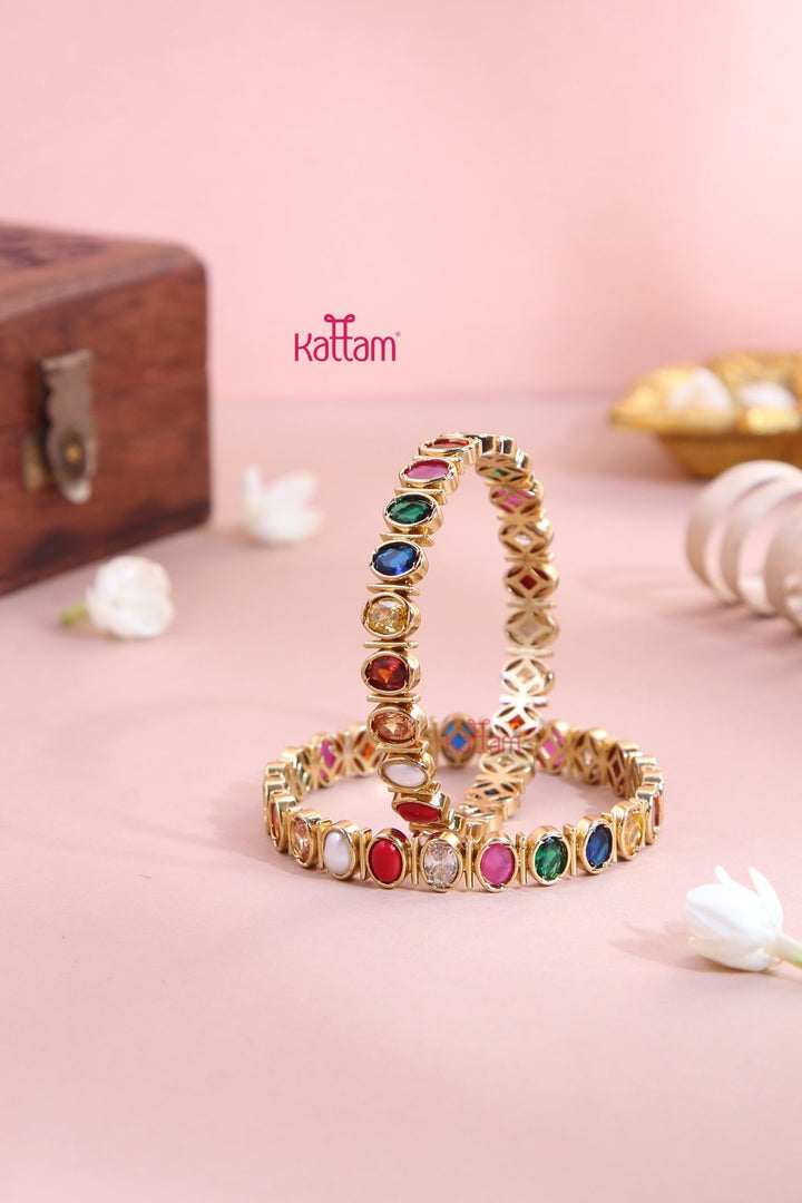 Oval Navarathna Stone Bangle (Set of 2 ) - B561 - V4