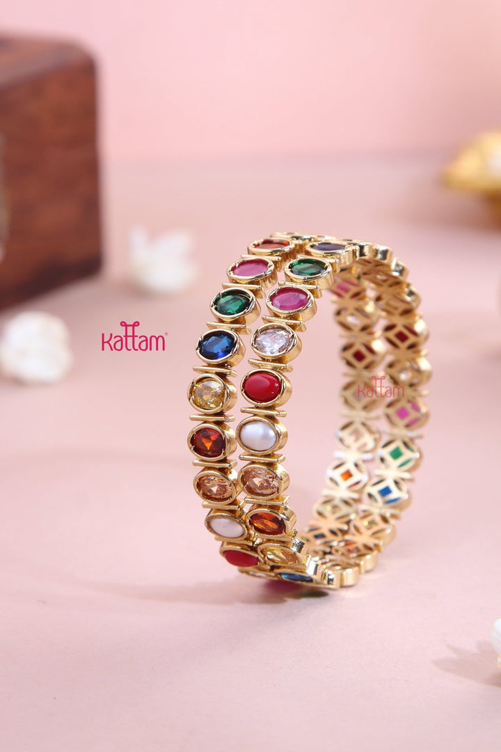 Oval Navarathna Stone Bangle (Set of 2 ) - B561 - V4