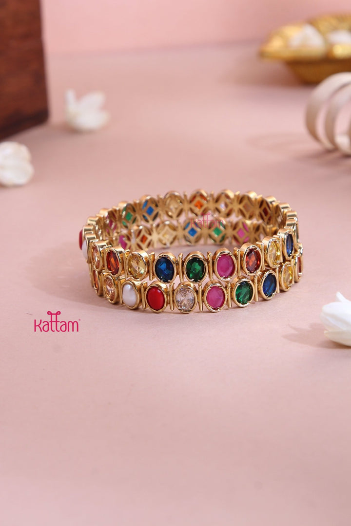 Oval Navarathna Stone Bangle (Set of 2 ) - B561 - V4
