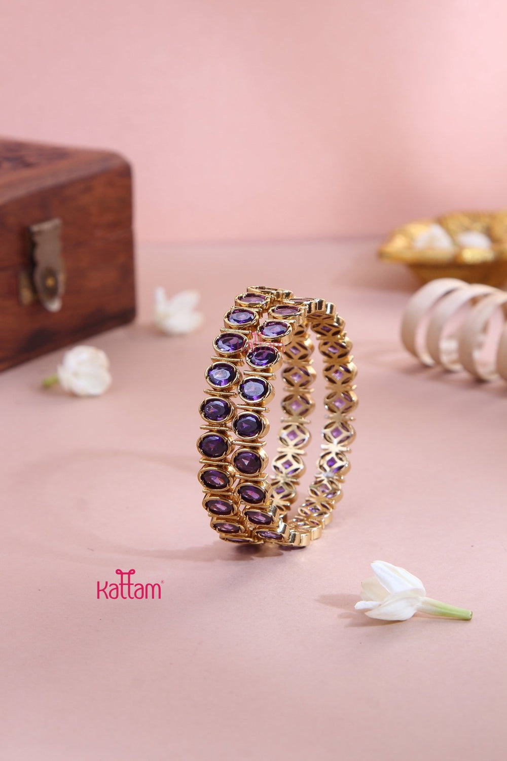 Oval Purple Stone Block Bangle (Set of 2 ) - B556 - V4