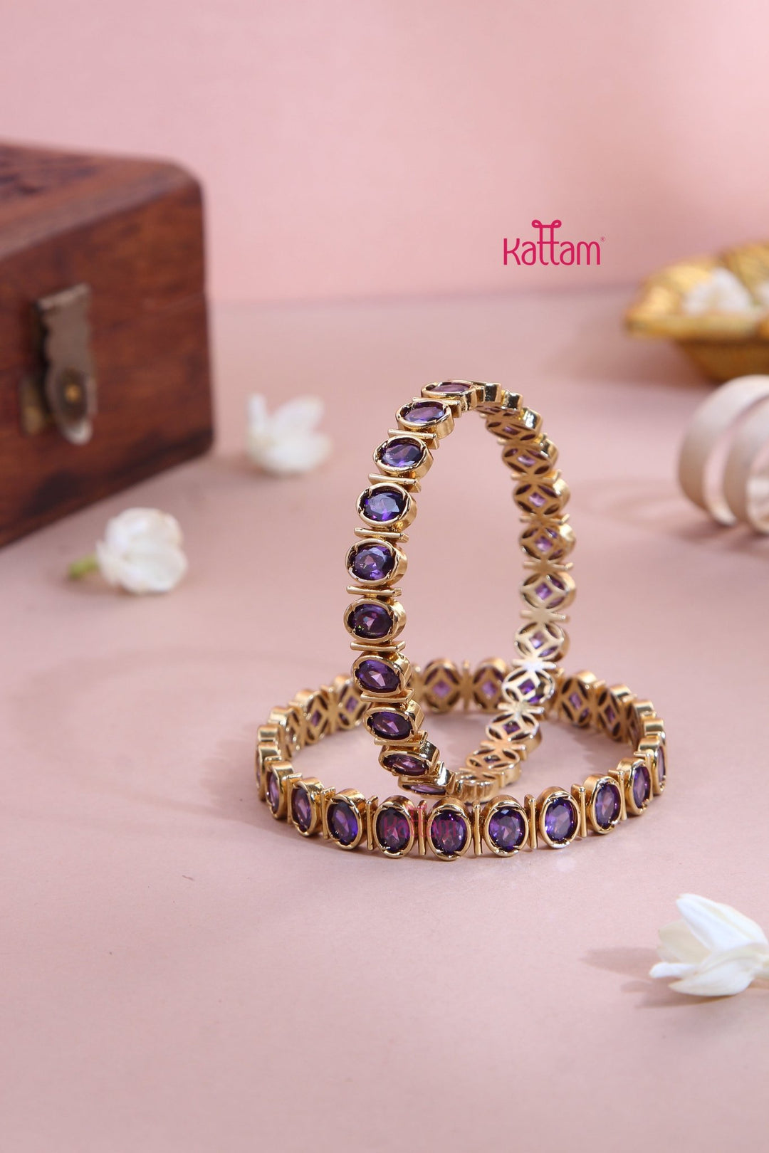 Oval Purple Stone Block Bangle (Set of 2 ) - B556 - V4