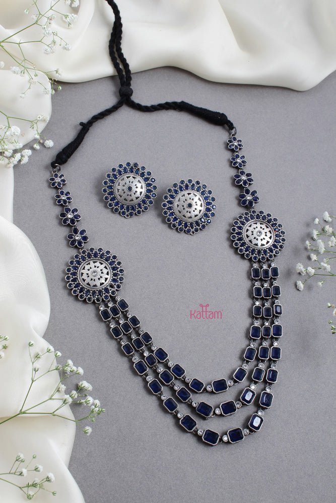 Oxidised Blue Chakra FLoral Layered Necklace - N2525