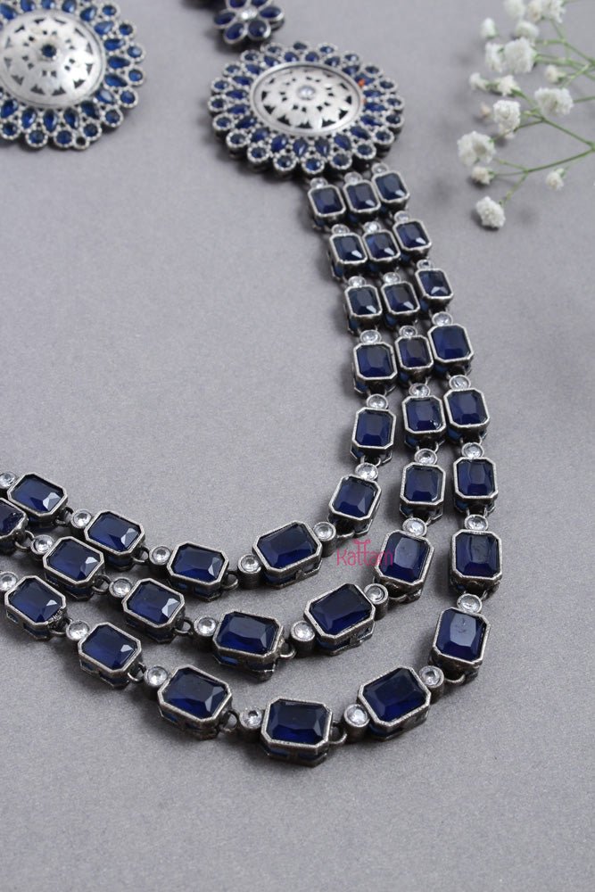 Oxidised Blue Chakra FLoral Layered Necklace - N2525