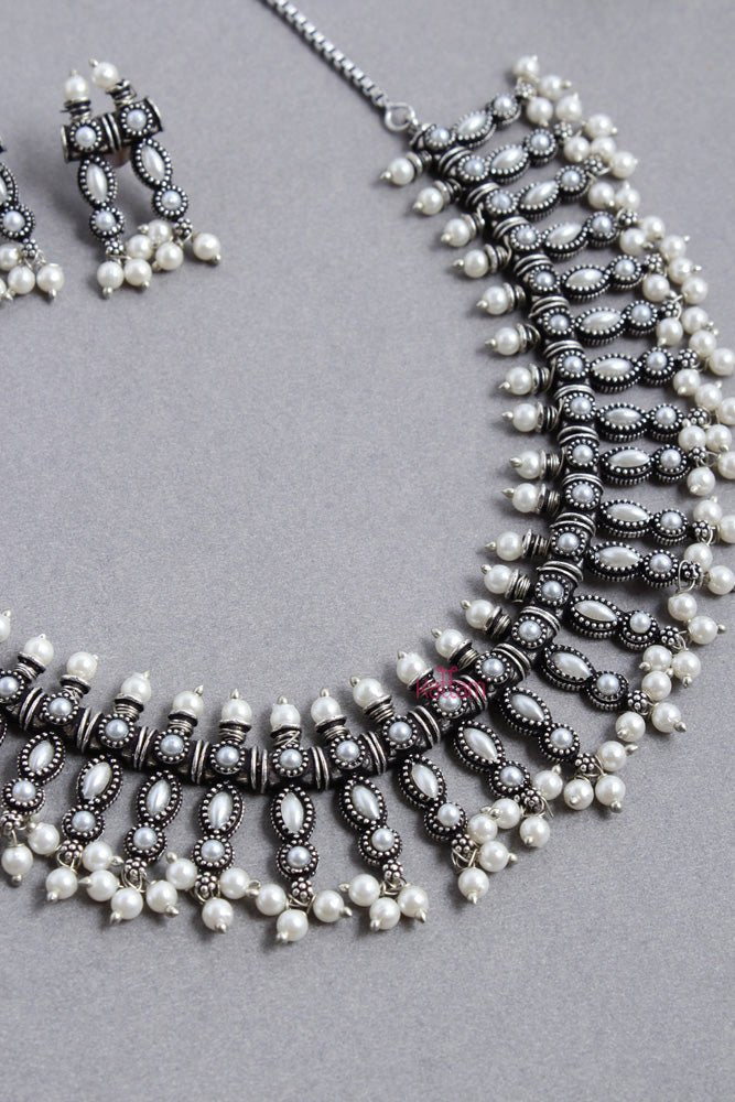 Oxidised Drop Pearl Choker - N2514