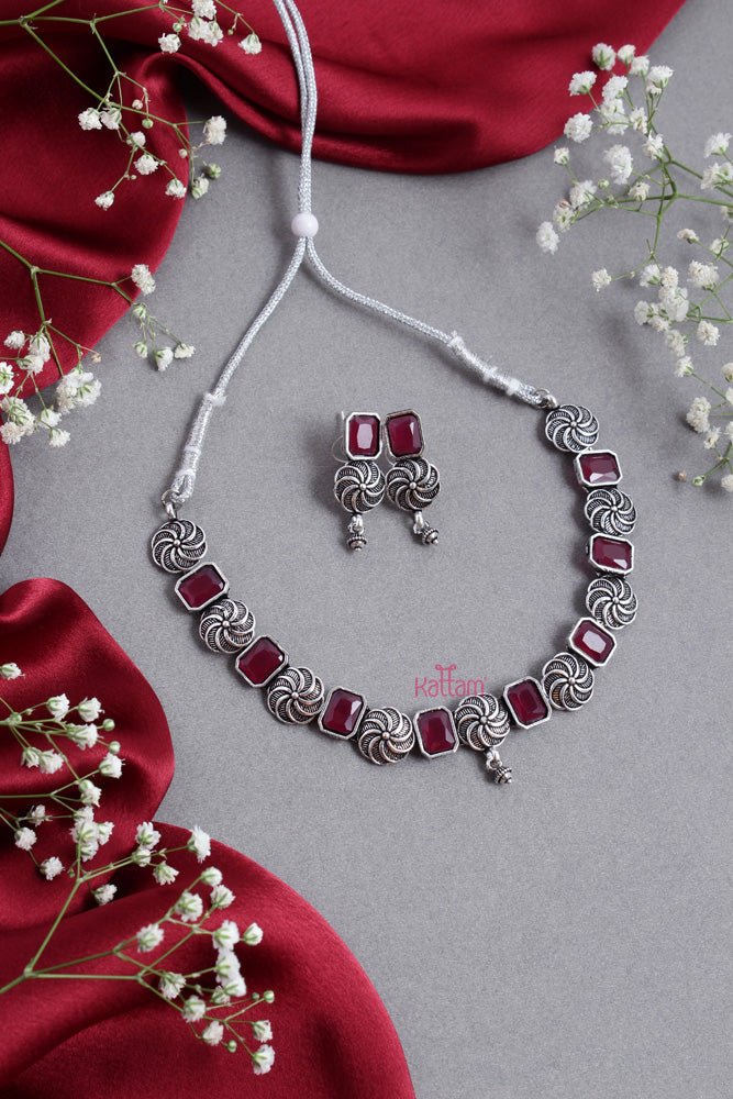 Oxidised Flower Rectangle Ruby Choker - N2500