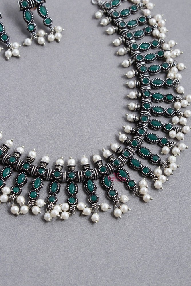 Oxidised Green Drop Pearl Choker - N2515