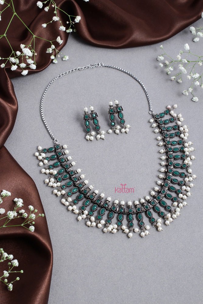 Oxidised Green Drop Pearl Choker - N2515