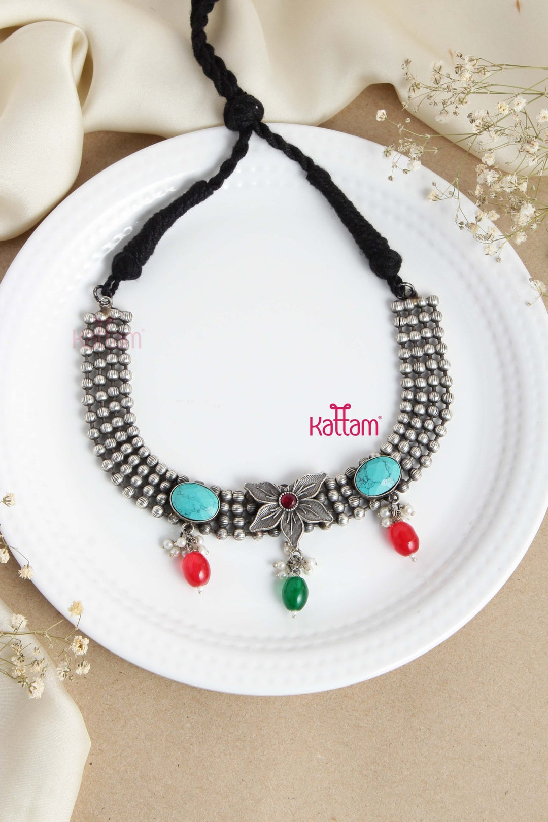 Oxidised Pattern Flower Bead Choker ( No Earring ) - N2742