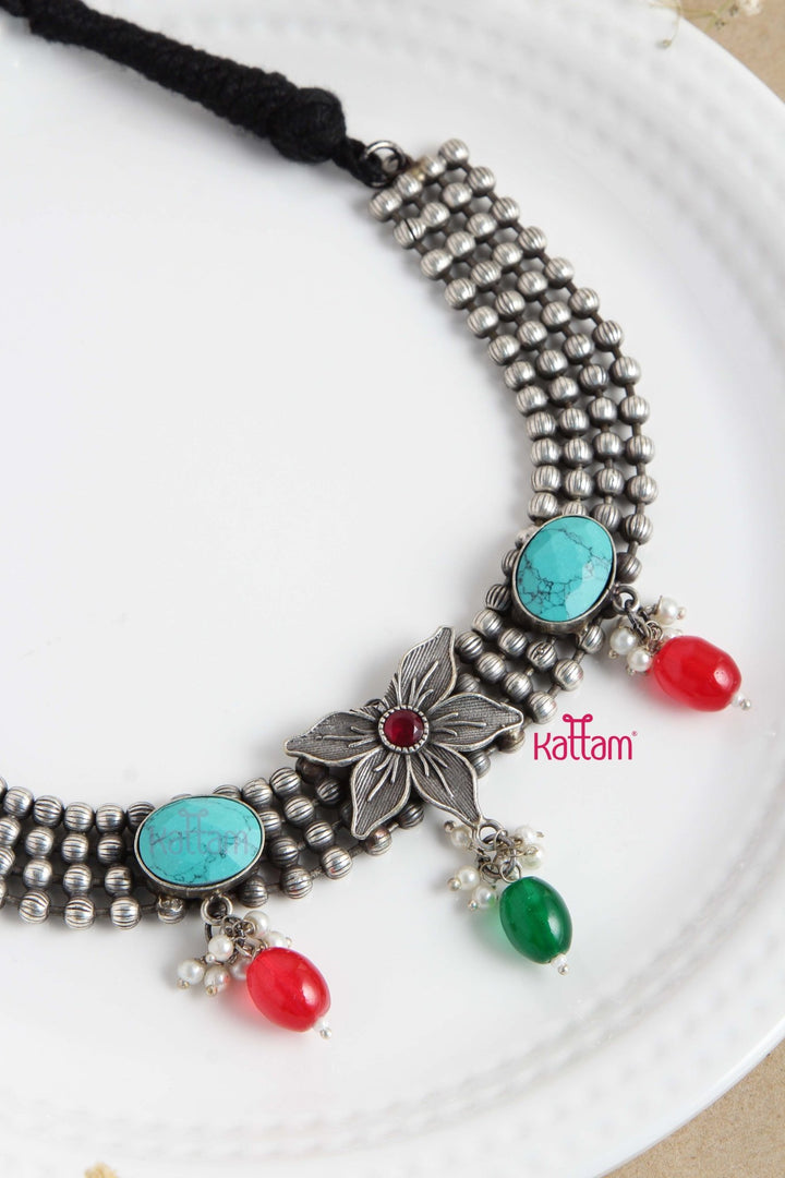 Oxidised Pattern Flower Bead Choker ( No Earring ) - N2742