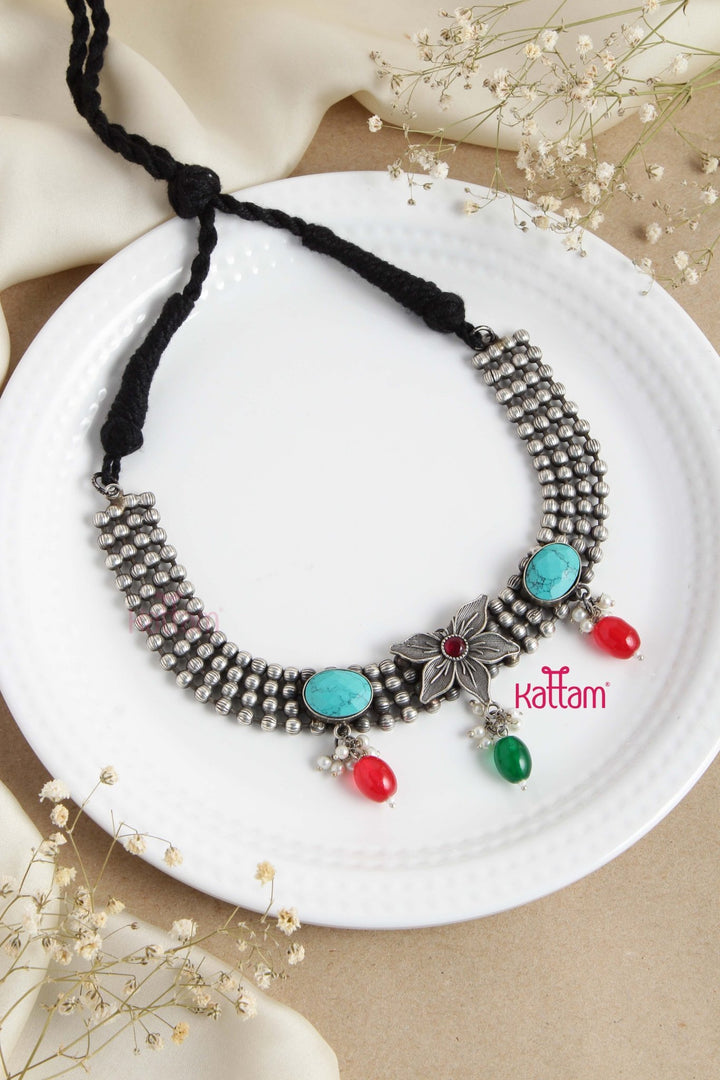 Oxidised Pattern Flower Bead Choker ( No Earring ) - N2742