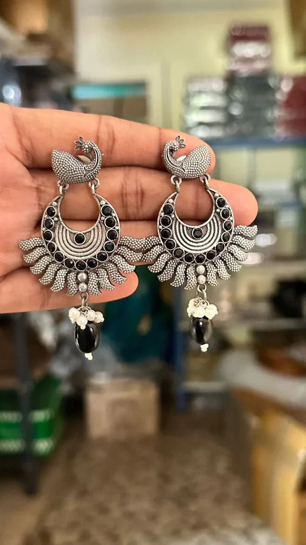 Oxidised Peacock Chandbali Earring - E615Bk