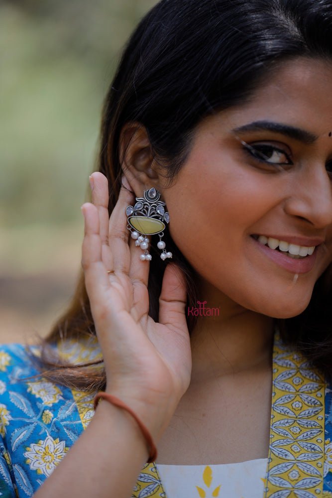 Oxidised pearls Drop Gemstone Earring (Colours Available) - E586
