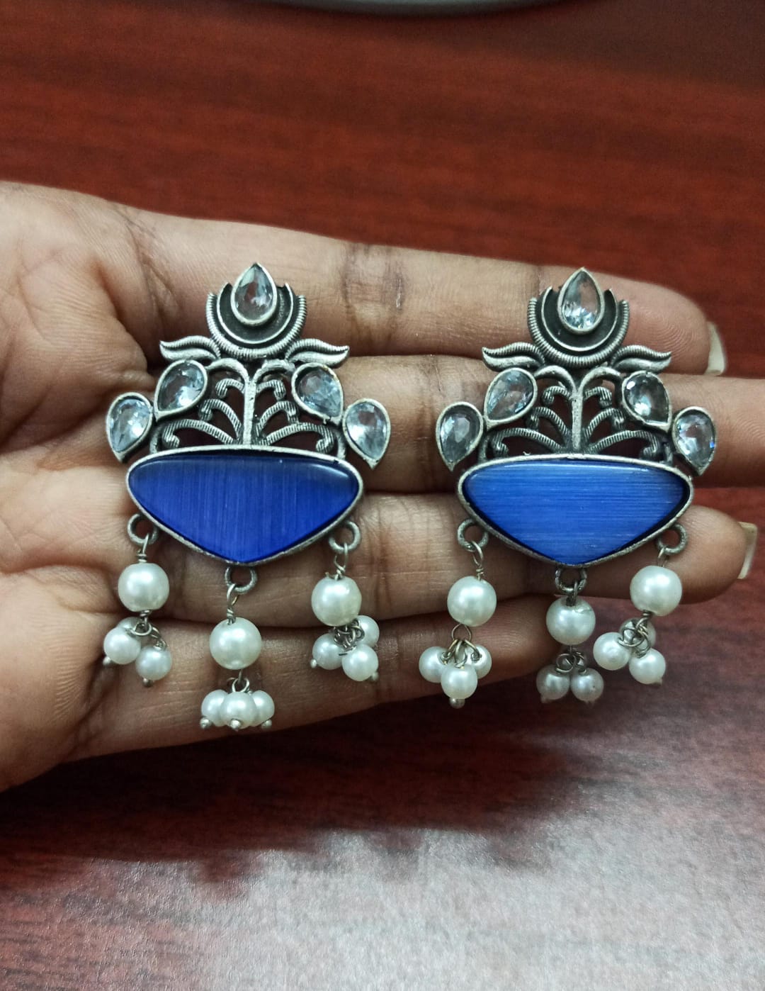 Oxidised pearls Drop Gemstone Earring (Colours Available) - E580