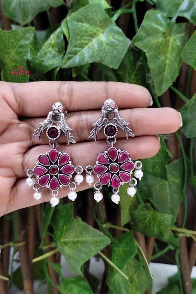 Oxidised Ruby Flower Parrot Earring - E714