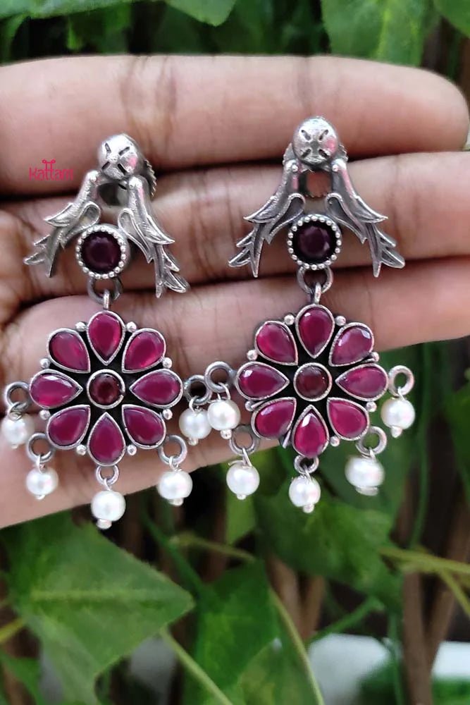 Oxidised Ruby Flower Parrot Earring - E714