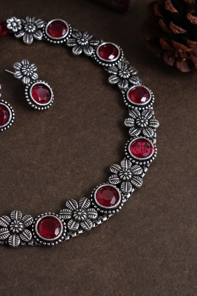 Oxidised Ruby Stone Flower Choker Set - N1982