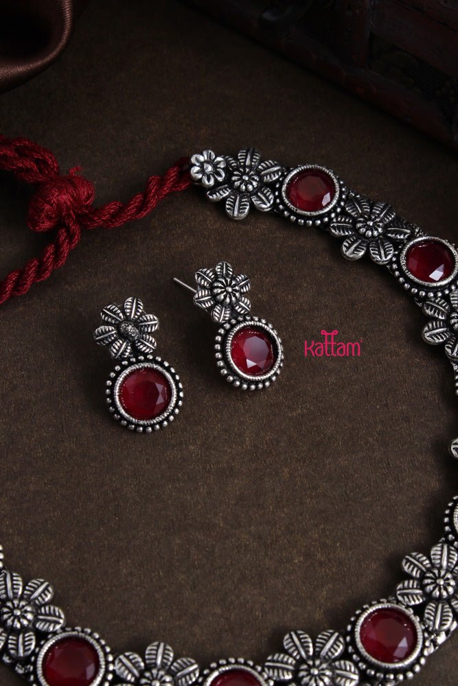 Oxidised Ruby Stone Flower Choker Set - N1982