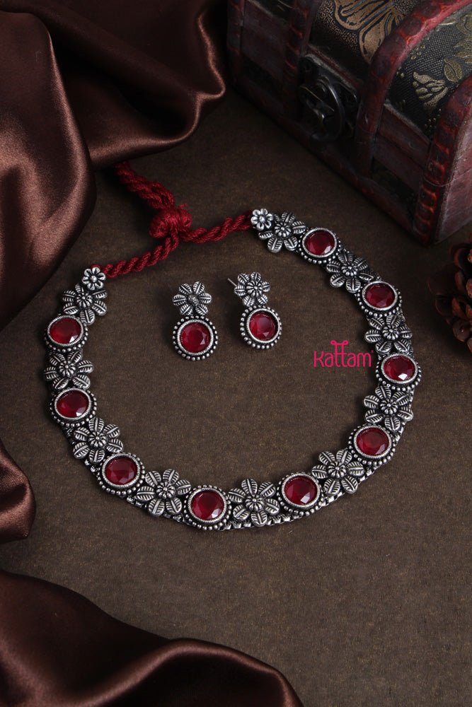 Oxidised Ruby Stone Flower Choker Set - N1982