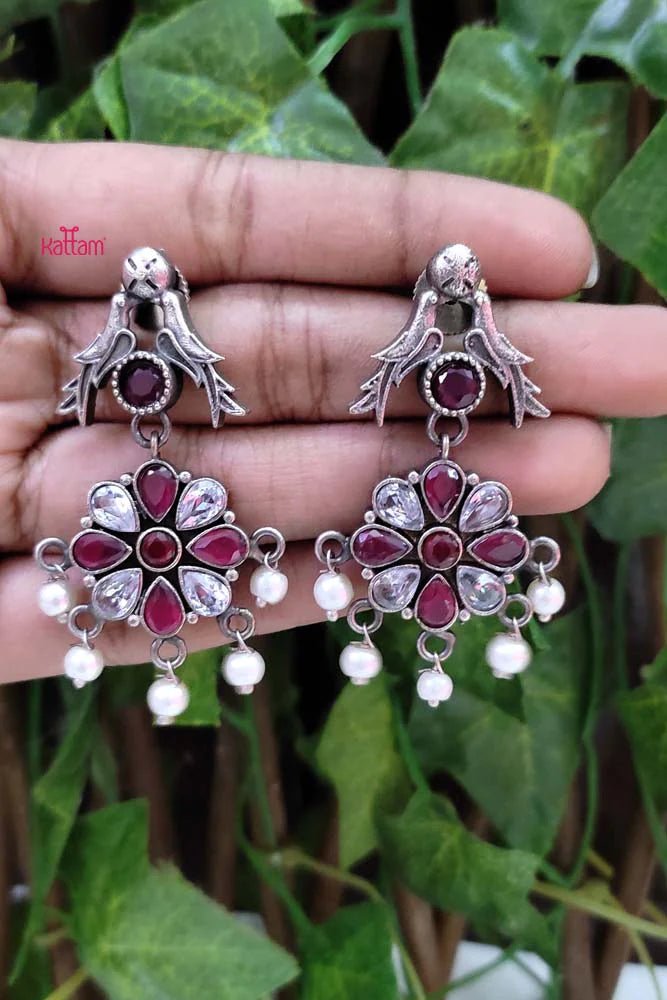 Oxidised Ruby White Flower Parrot Earring - E713