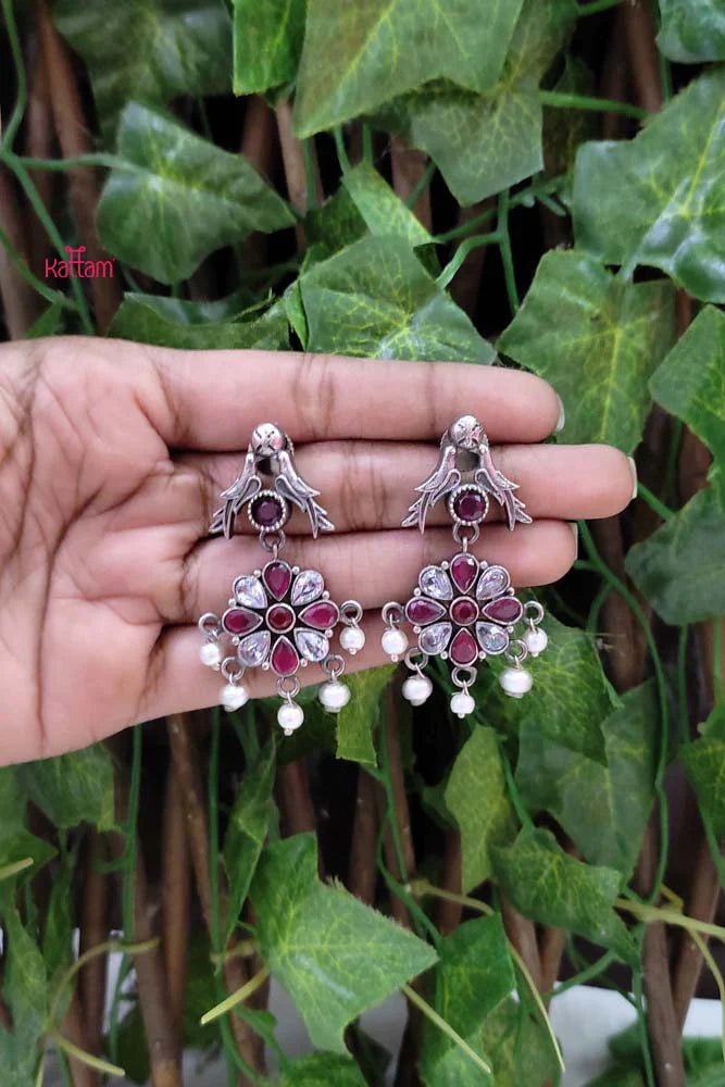 Oxidised Ruby White Flower Parrot Earring - E713