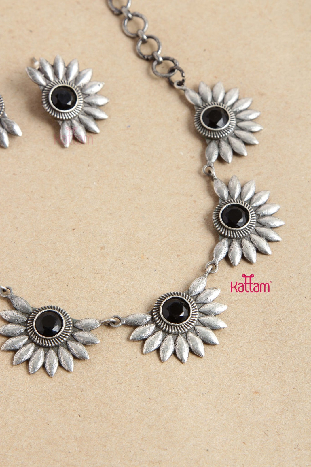 Oxidised Silver Sunflower Design Choker - Black - N2737