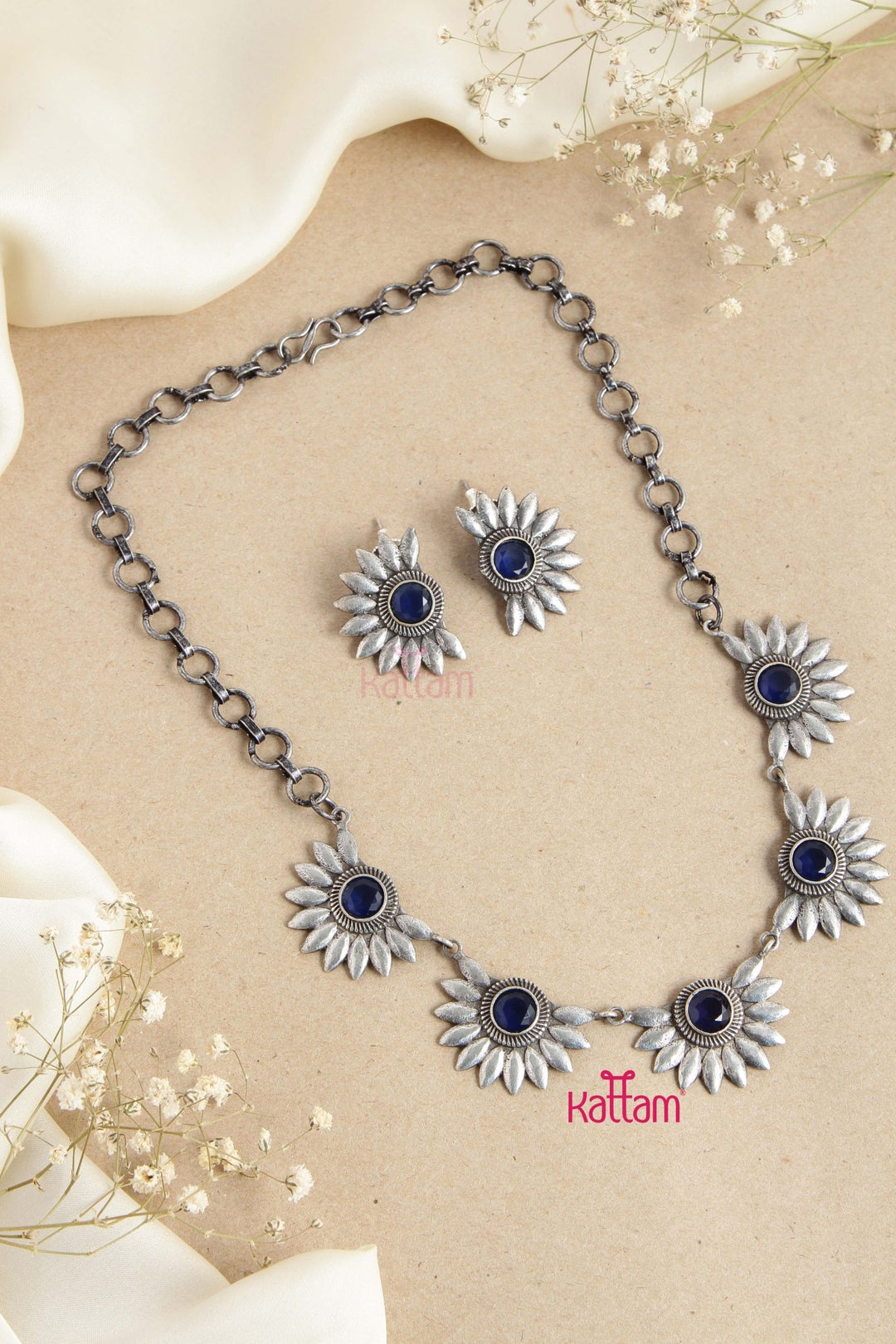 Oxidised Silver Sunflower Design Choker - Blue - N2738