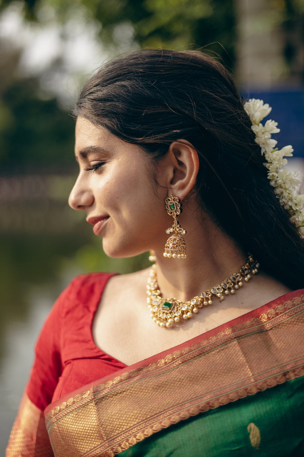 Pallu - Green Stone Pearl Necklace - N2554