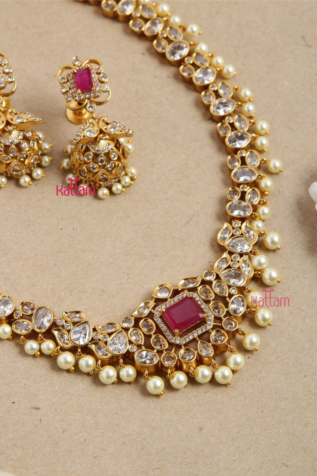 Pallu - Ruby Stone Pearl Stone Necklace - N2942