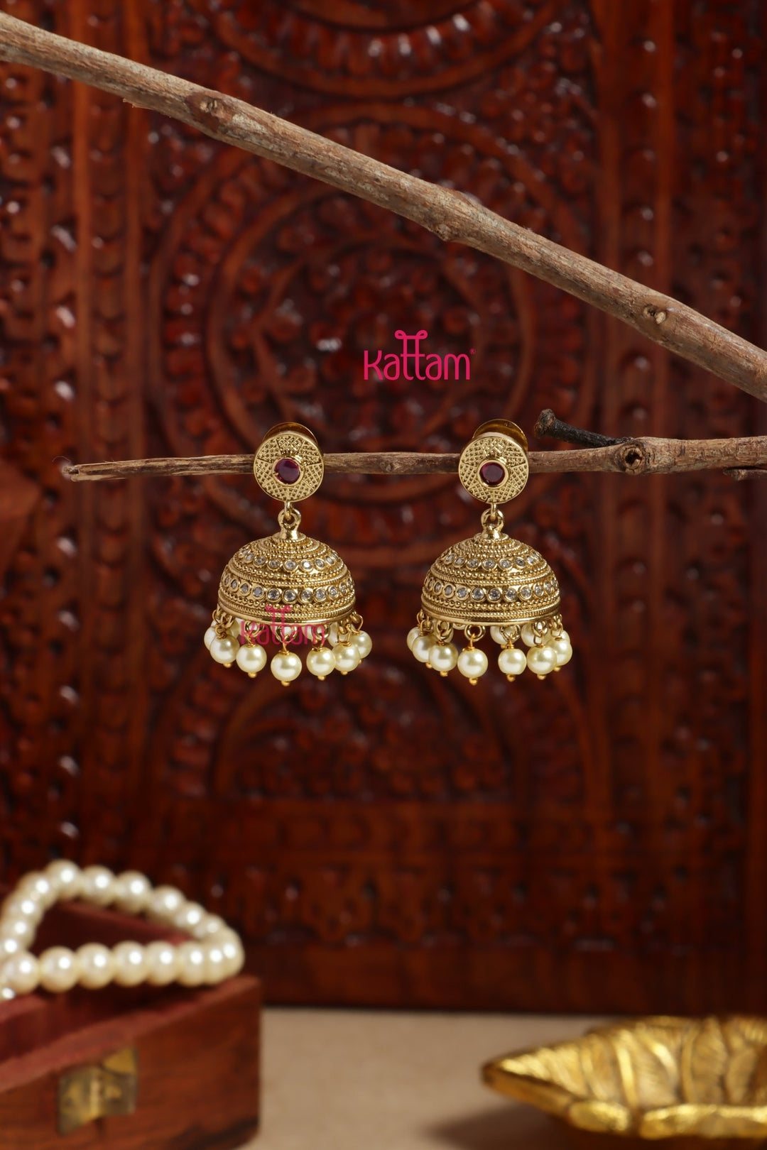 Patterned Pearl Ruby Jhumka - E1193