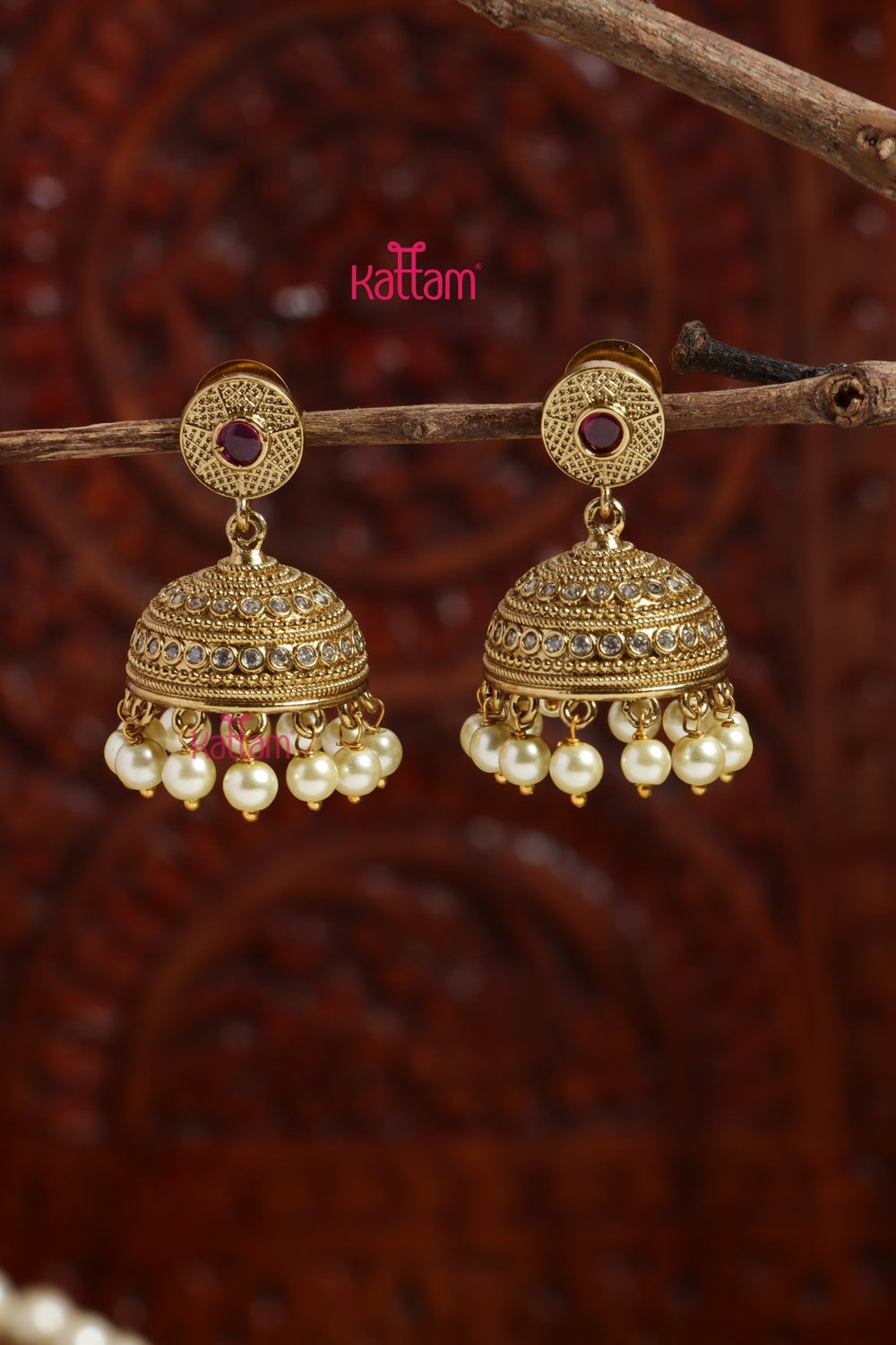 Patterned Pearl Ruby Jhumka - E1193