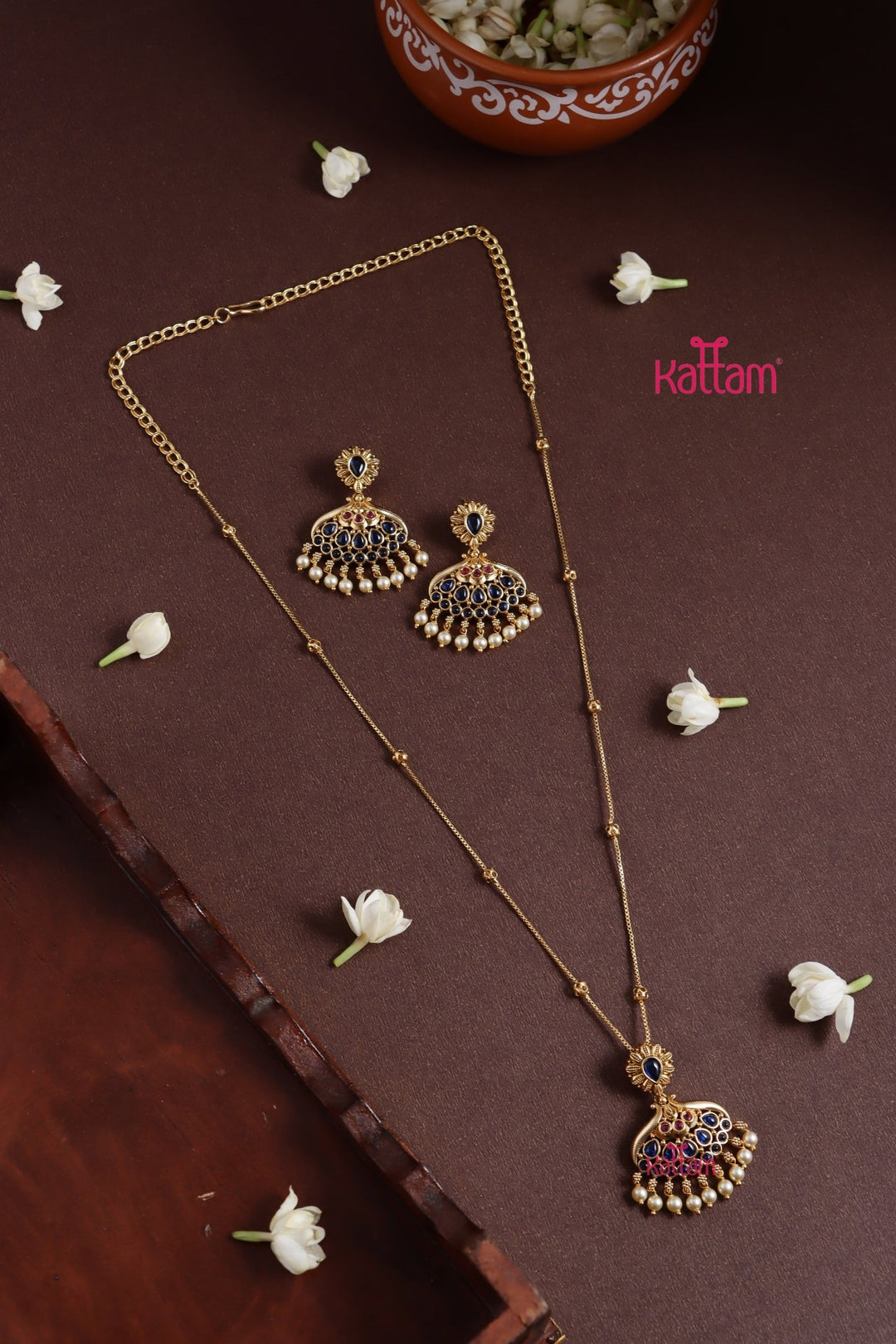 Peacock Blue Stone Pendant Chain Set - N3810