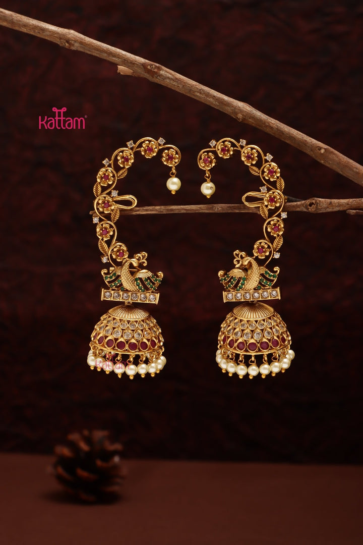 Peacock Floral Earcuff Pearl Jhumka - E1101